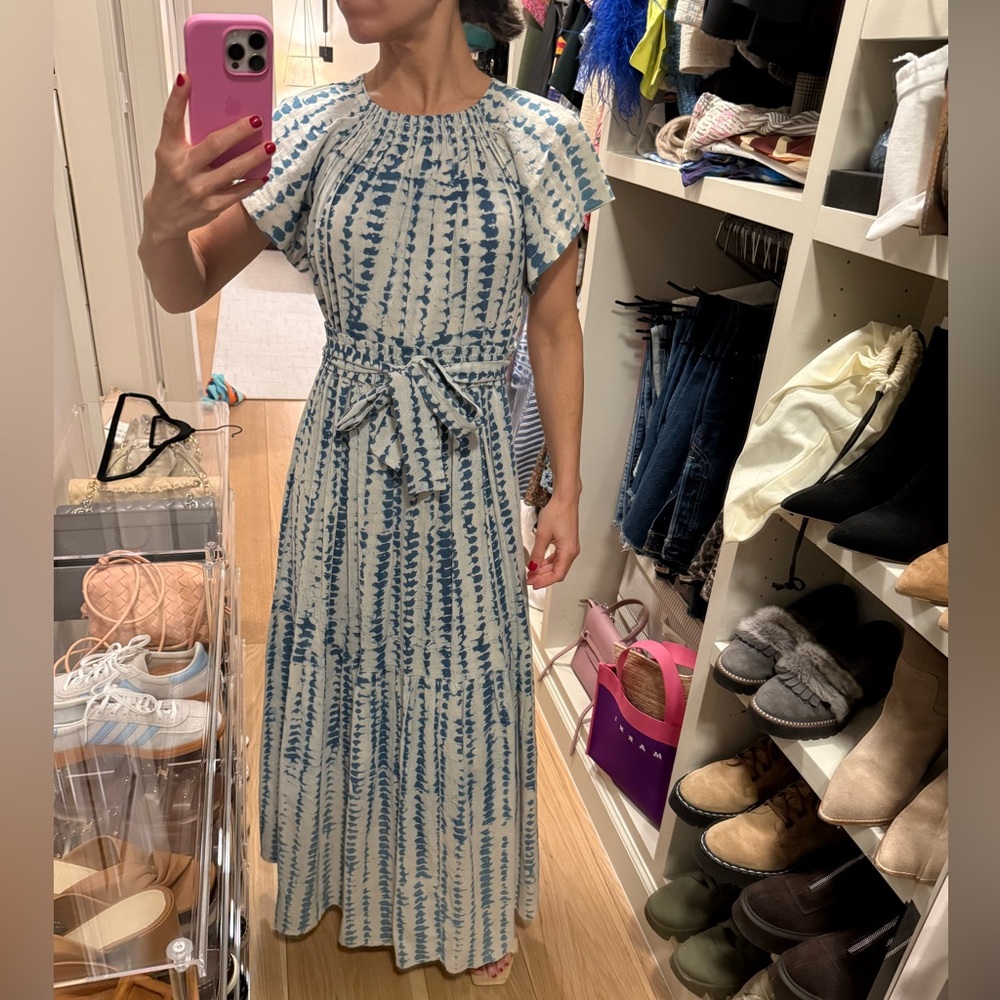 Mirth Women’s Maxi Dress in Blue and White Tie-Dye Print with Waist Belt